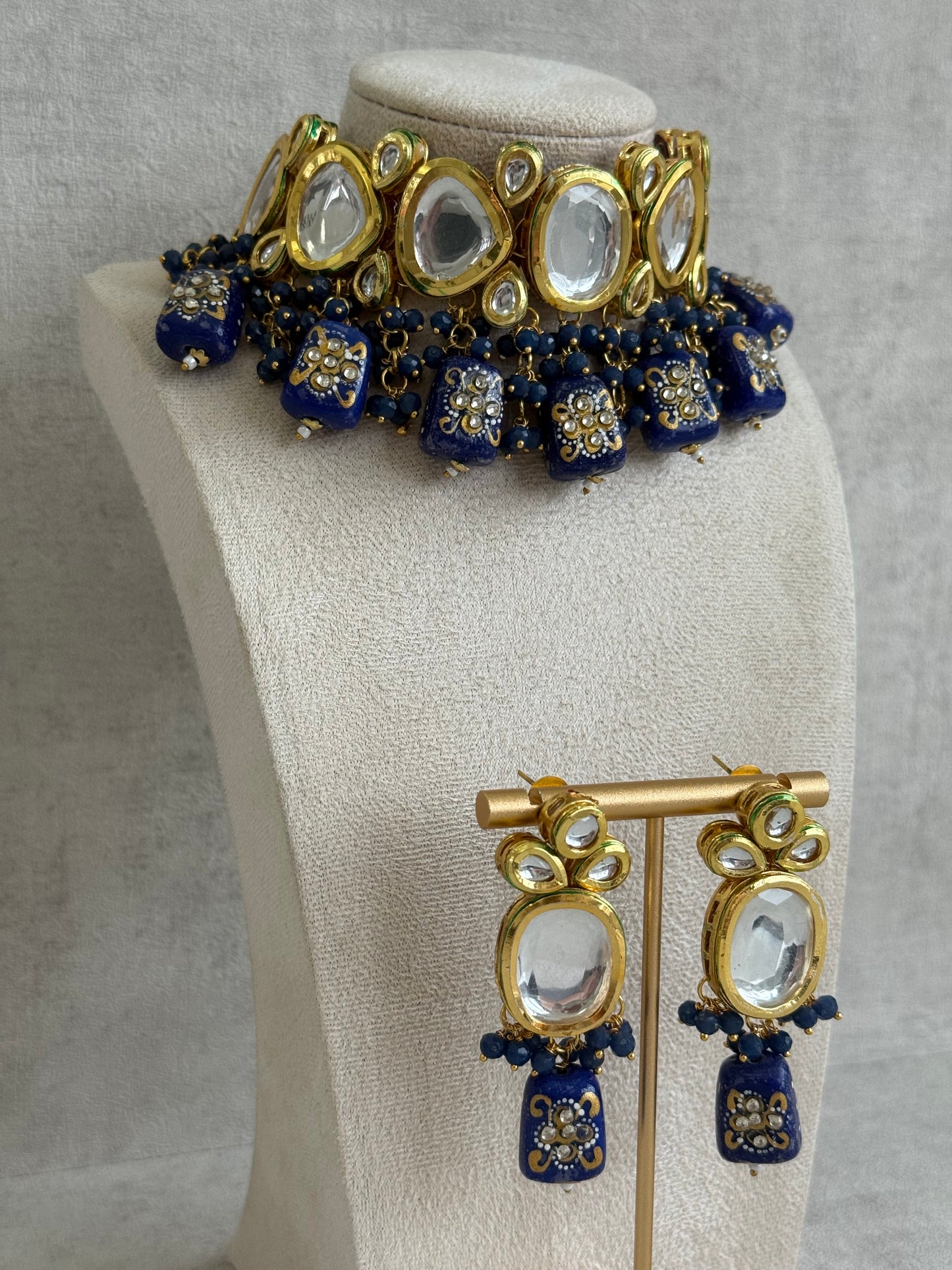 Ayura Designs Gyan Set With Choker And Earrings – Kundan Stones And Navy Blue Meenakari Drops