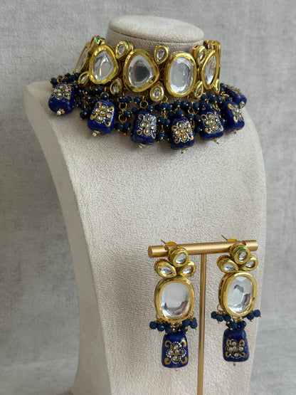 Ayura Designs Gyan Set With Choker And Earrings – Kundan Stones And Navy Blue Meenakari Drops
