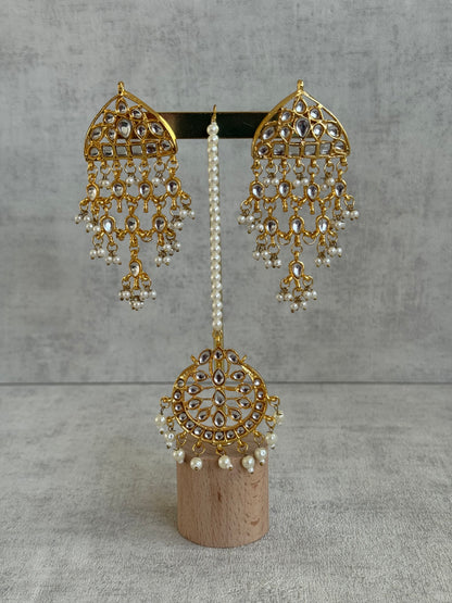 Ayura Designs Basant Set with Choker, Earrings & Tikka – Mirror-Cut Stones, Pearl Fringe & Antique Gold Finish