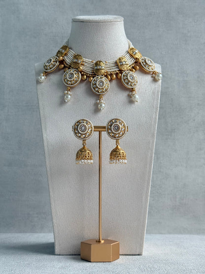 Ayura Designs Kesar Necklace Set with Jhumkis – Multi-Strand Ivory Pearl Design, Kundan Stones & Gold Finish
