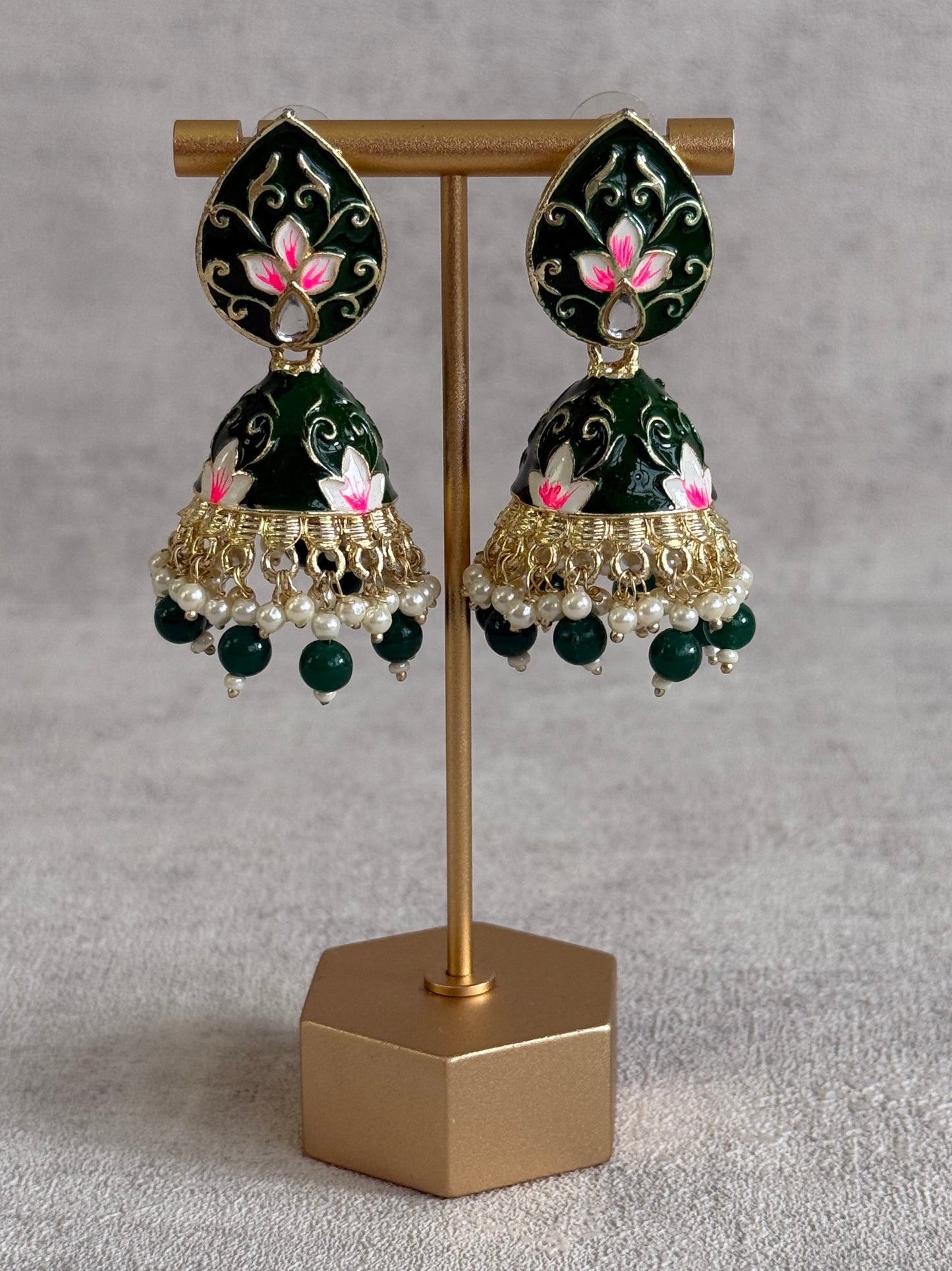 Ayura Designs Gia Jhumkis – Emerald Green Meenakari with Pink Lotus Motifs & Ivory Pearl Drops