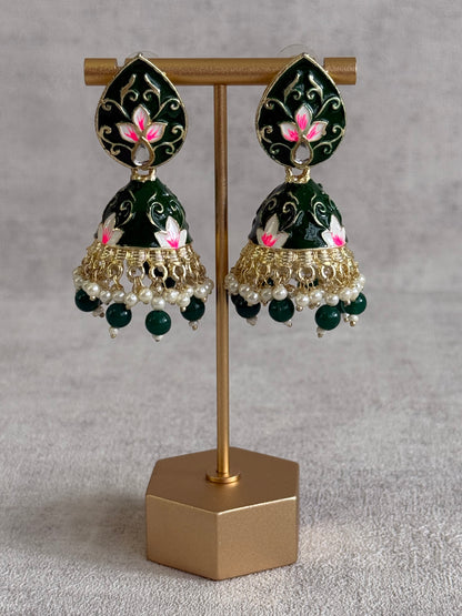 Ayura Designs Gia Jhumkis – Emerald Green Meenakari with Pink Lotus Motifs & Ivory Pearl Drops