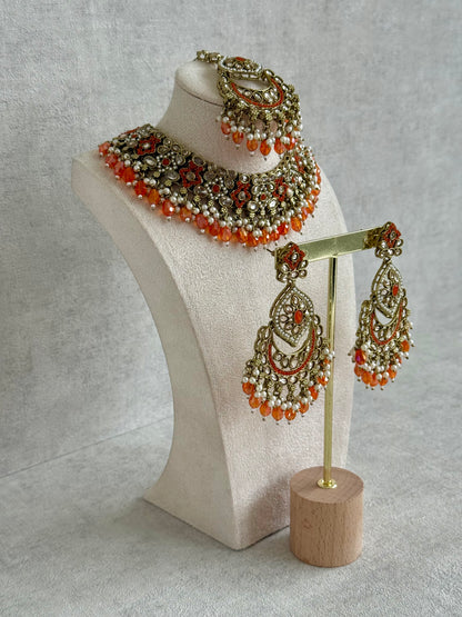 Ayura Designs Jazba Set with Necklace, Jhumkis & Tikka – Antique Gold, Mirror-Cut Stones, Pearl Detailing & Fiery Orange Beads