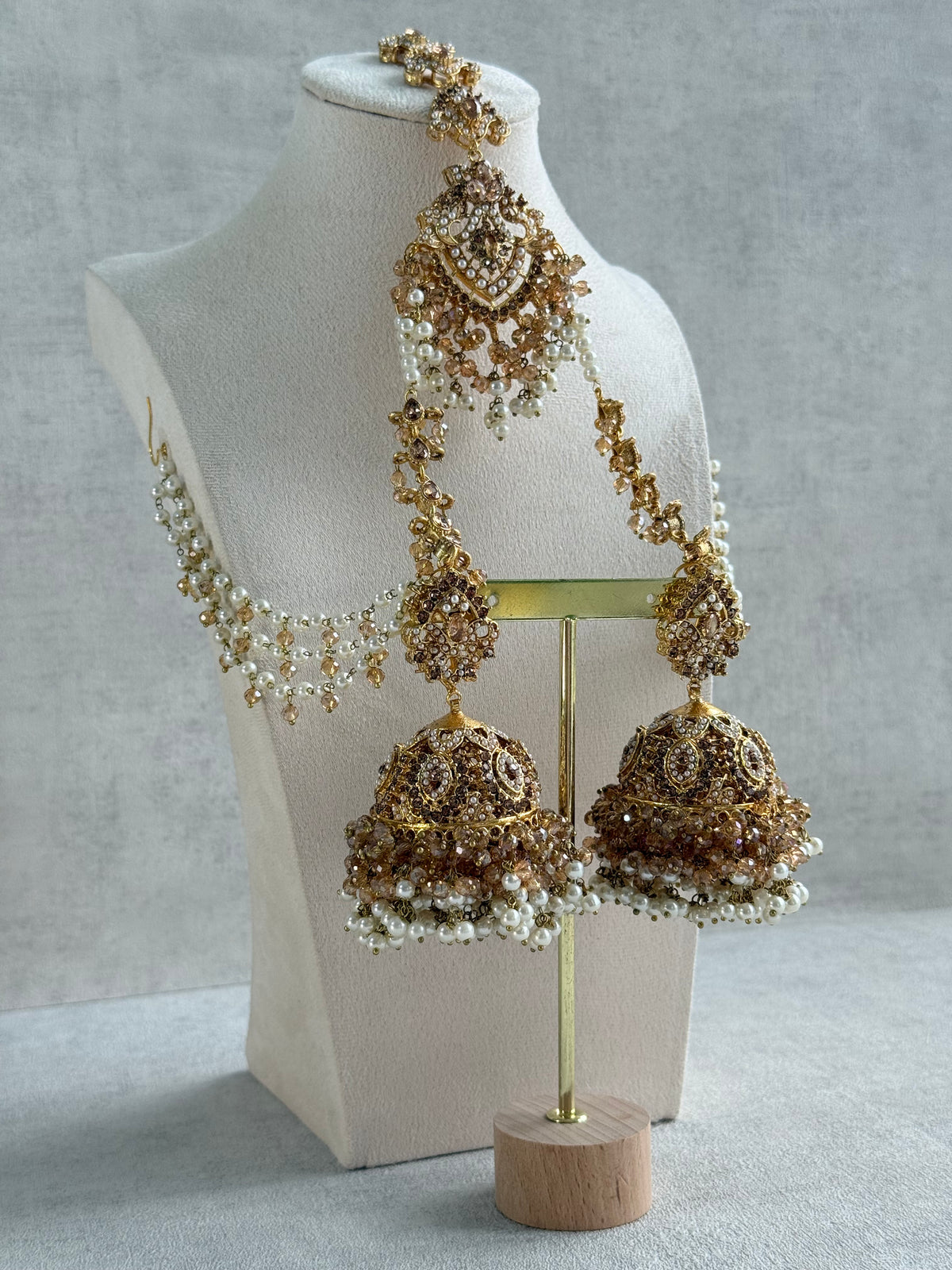 Ayura Designs Safia Tikka Set with Sahare Earrings – Champagne Gold Beads & Pearls