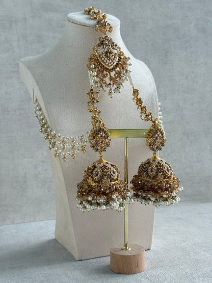 Ayura Designs Safia Tikka Set with Sahare Earrings – Champagne Gold Beads & Pearls
