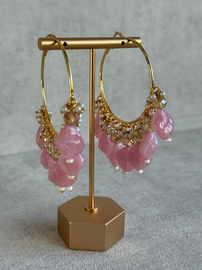 Ayura Designs Heer Balis – Gold Hoops with Baby Pink Marble Beads, Pearls & Crystal Detailing
