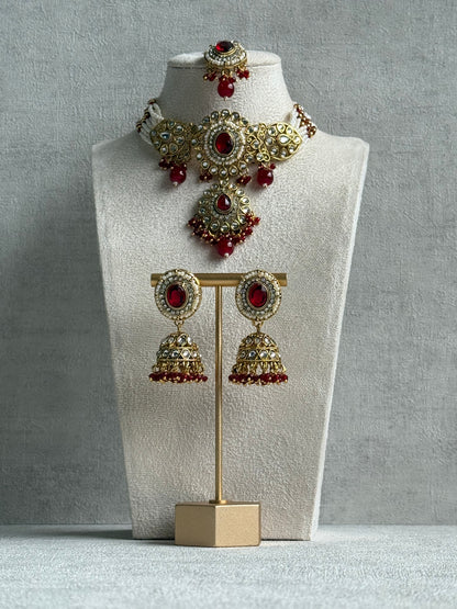 Ayura Designs Muskaan Set – Choker, Jhumkis & Tikka with Ruby Red Beads, Kundan Stones & Antique Gold Finish