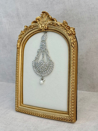 Ayura Designs Zeha Jhoomar Passa – Silver Finish with Mirror Cut Stones & Pearl Drop