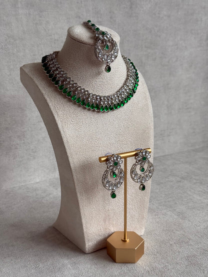 Ayura Designs Qirat Set with Necklace, Earrings & Tikka – Mirror-Cut Stones with Emerald Green Detailing in Silver Finish