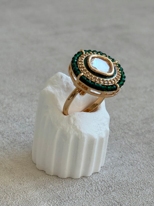 Ayura Designs Roselle Adjustable Ring – Moissanite Centre with Crystal Border & Emerald Green Beads