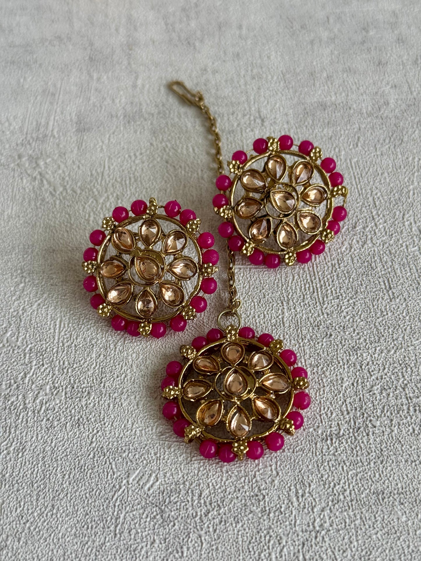 Ayura Designs Hala Set with Tikka & Studs – Magenta Beads & Champagne Kundan