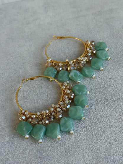 Ayura Designs Heer Balis – Gold Hoops with Mint Marble Beads, Pearls & Crystal Detailing