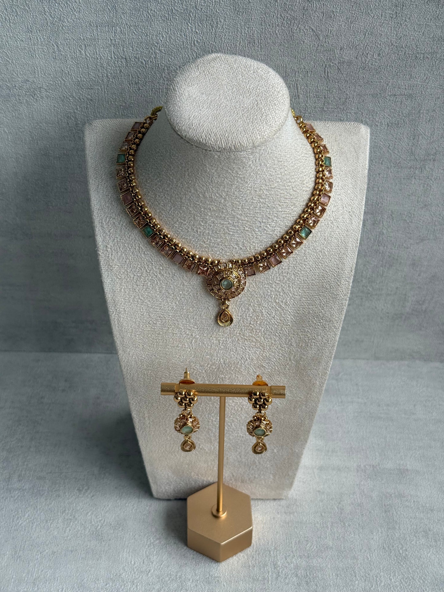 Ayura Designs Nithya Set – Gold Necklace & Earrings with Mint & Blush Stones and Mint Centre