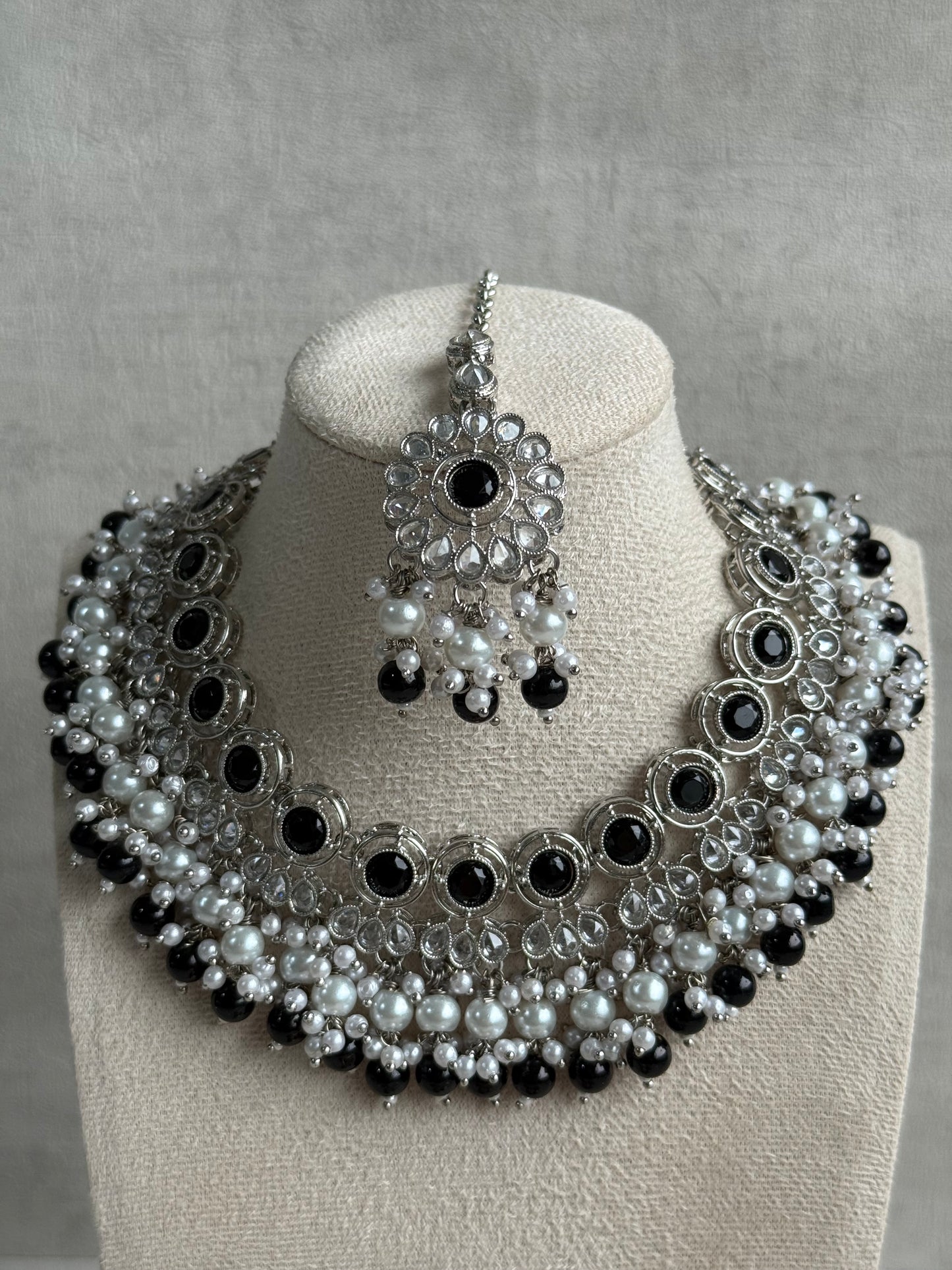 Ayura Designs Barira Set – Necklace, Jhumkis & Tikka with Black Stones, Pearls & Antique Silver Finish