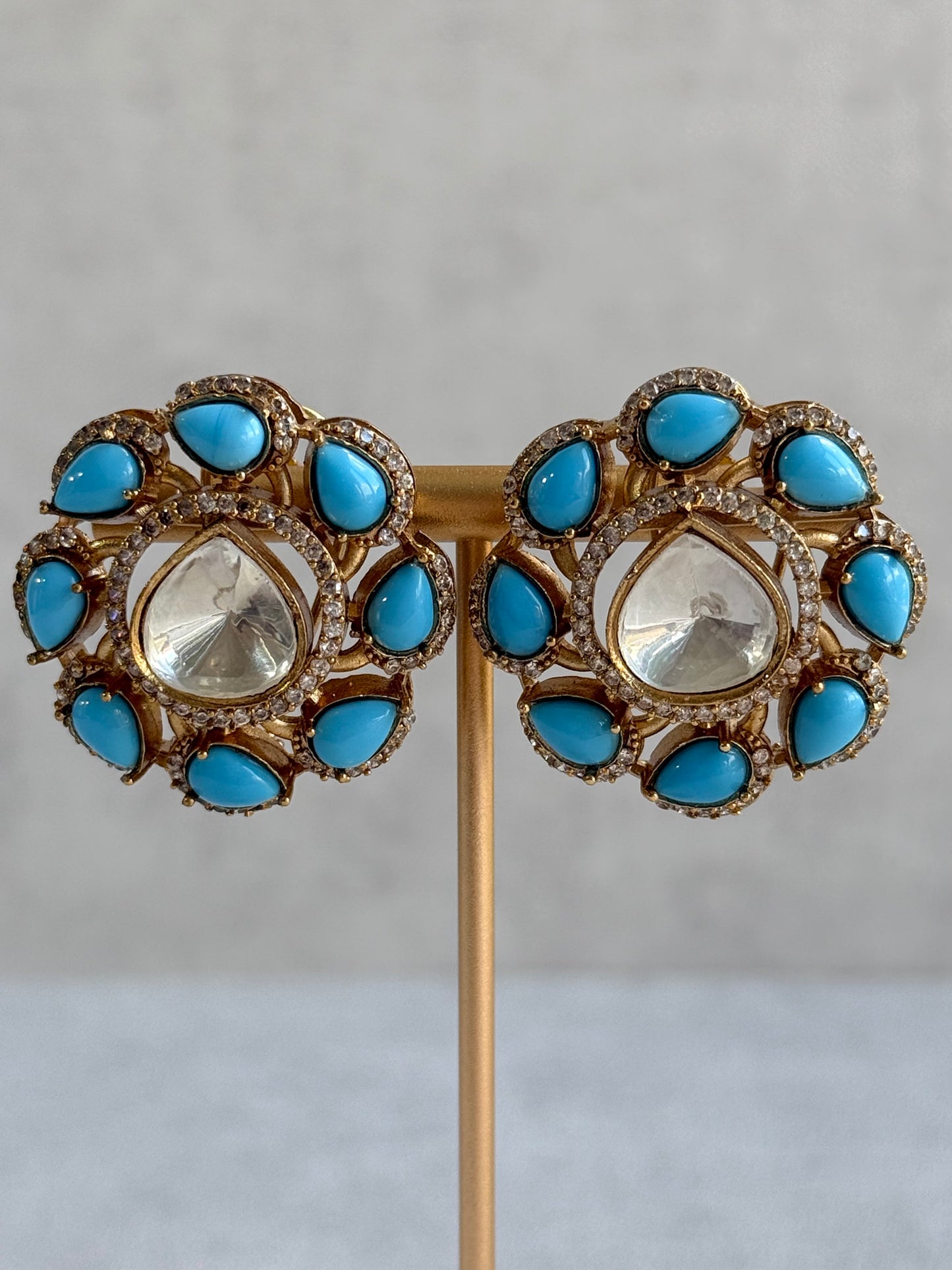 Ayura Designs Giana Stud Earrings – Turquoise Blue & Crystal Kundan with Gold Finish