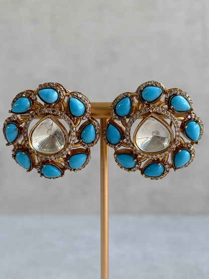 Ayura Designs Giana Stud Earrings – Turquoise Blue & Crystal Kundan with Gold Finish