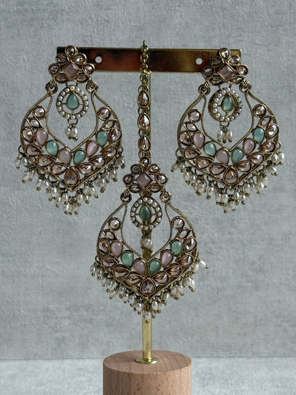 Ayura Designs Damini Tikka Set – Mirror-Cut Kundan Earrings & Tikka with Mint & Blush Enamel and Pearl Detailing