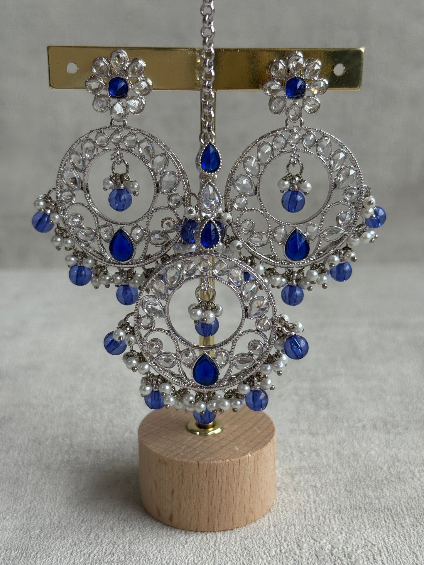Ayura Designs Rija Set – Necklace, Earrings & Tikka with Ink Blue Beads, Mirror-Cut Stones & Silver Finish
