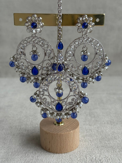 Ayura Designs Rija Set – Necklace, Earrings & Tikka with Ink Blue Beads, Mirror-Cut Stones & Silver Finish