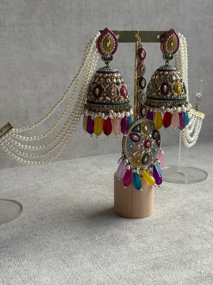 Ayura Designs Amrita Set – Jhumkis with Sahare & Tikka in Multicolour Beads, Pearls and Antique Gold Finish