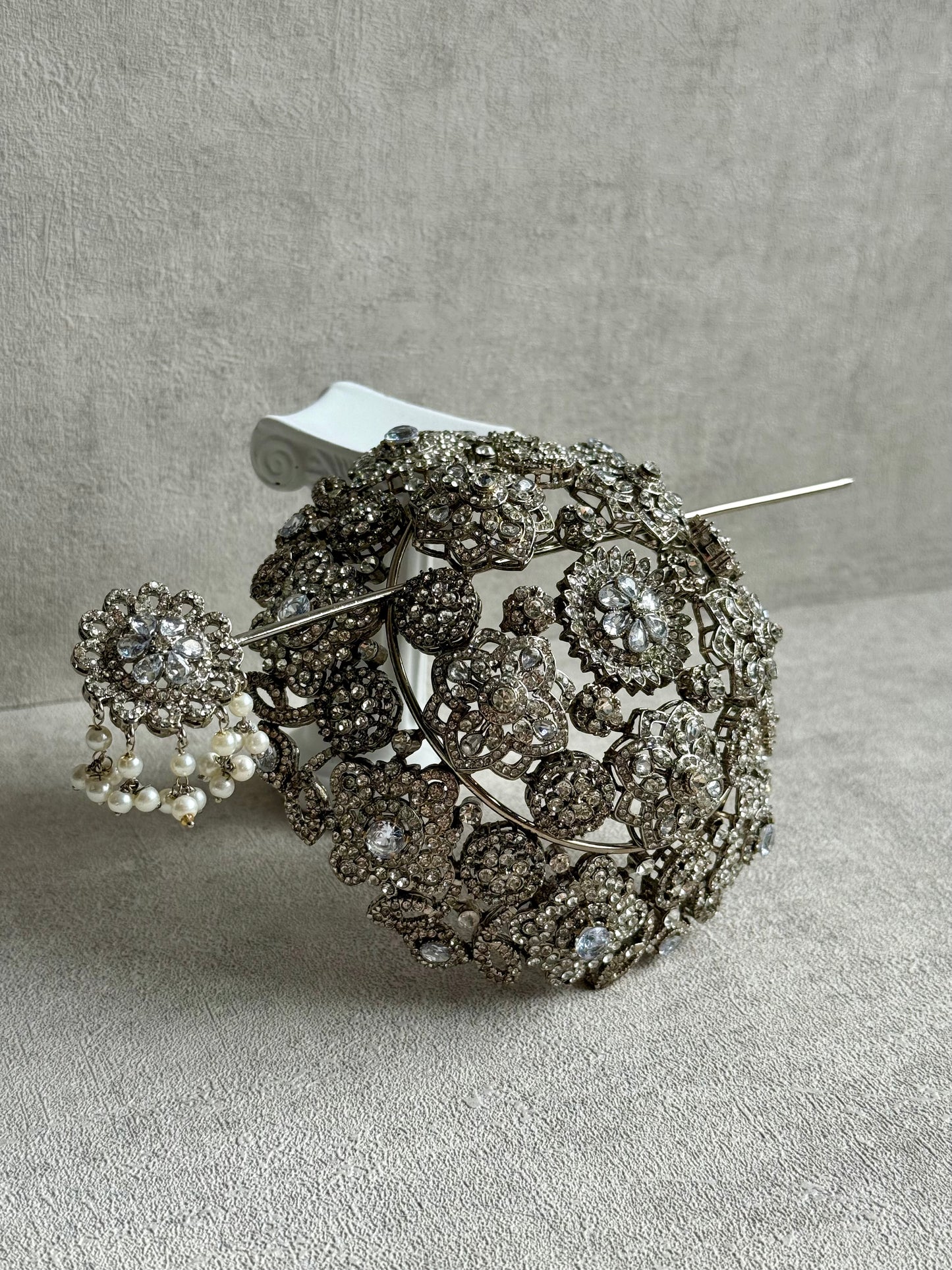 Ayura Designs Lotus Hair Bun Cover – Antique Silver with Mirror-Cut Stones & Floral Detailing