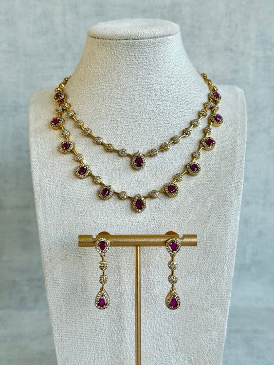 Ayura Designs Visha Set with Earrings – Rani Pink Stones & Moissanite Detailing in Antique Gold