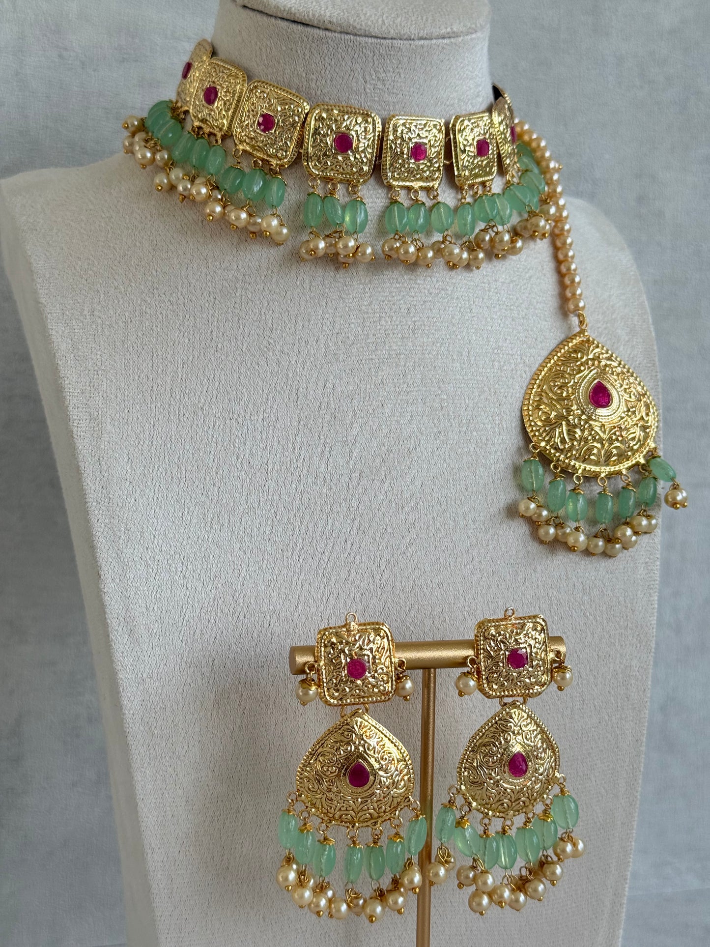 Ayura Designs Chetna Choker Set with Earrings & Tikka – Mint Green Beads, Cream Pearl Drops with Pipal Patti Detailing