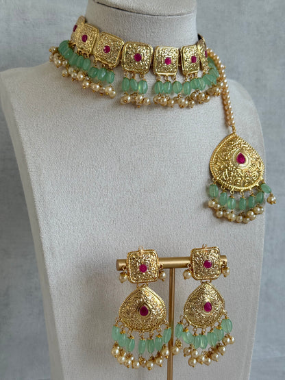 Ayura Designs Chetna Choker Set with Earrings & Tikka – Mint Green Beads, Cream Pearl Drops with Pipal Patti Detailing