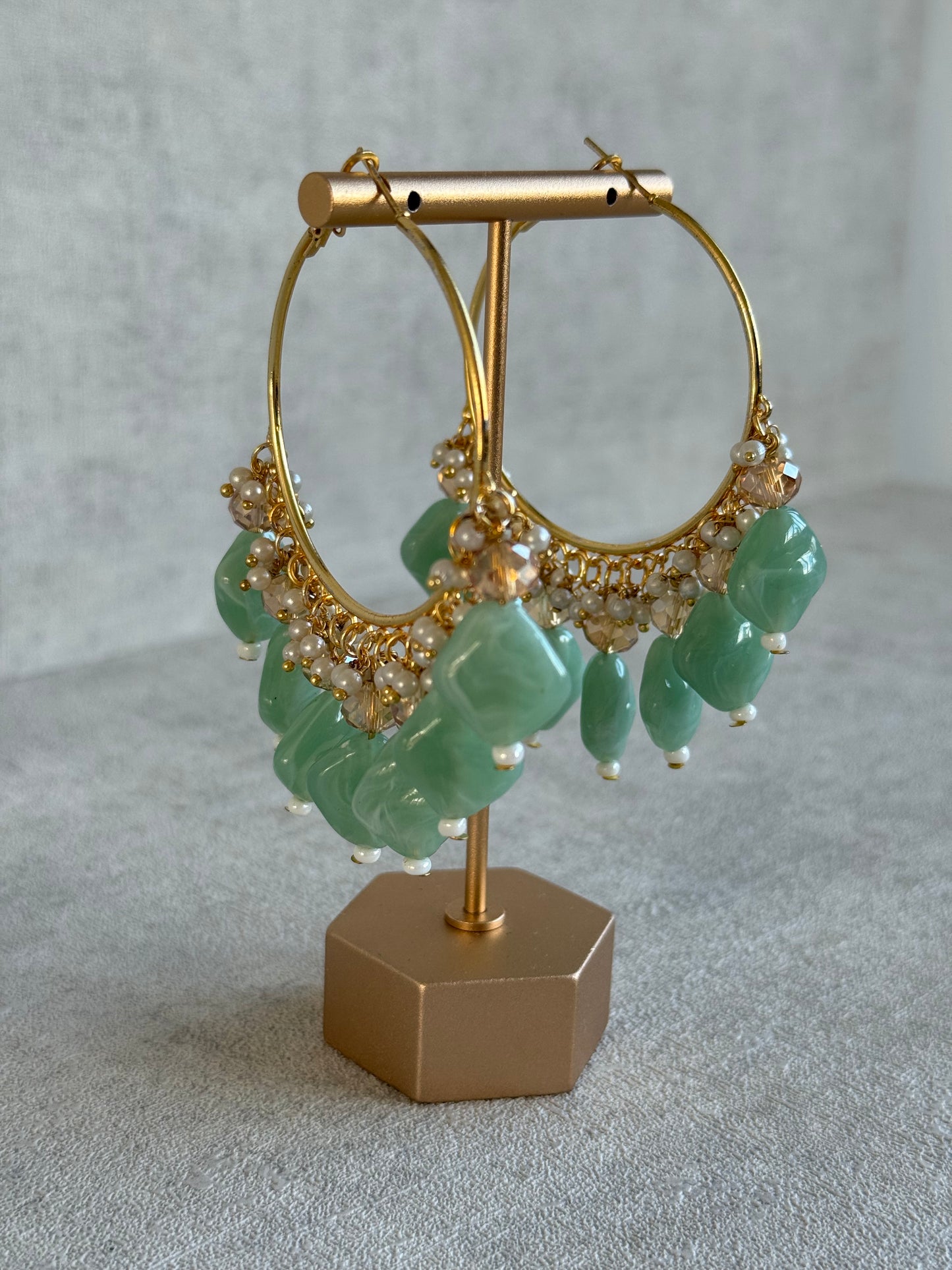 Ayura Designs Heer Balis – Gold Hoops with Mint Marble Beads, Pearls & Crystal Detailing