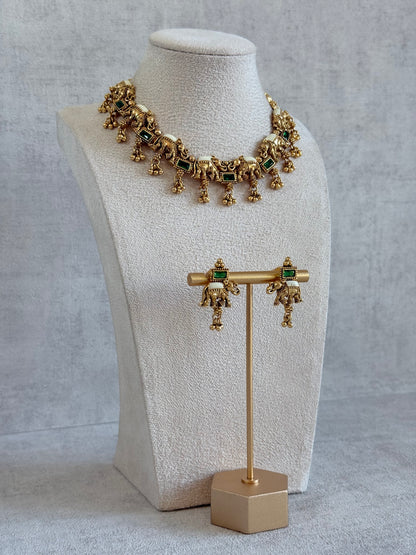 Ayura Designs Ruva Necklace Set with Earrings – Gold Finish, Emerald Green Stones, Ivory Detailing & Elephant Motifs