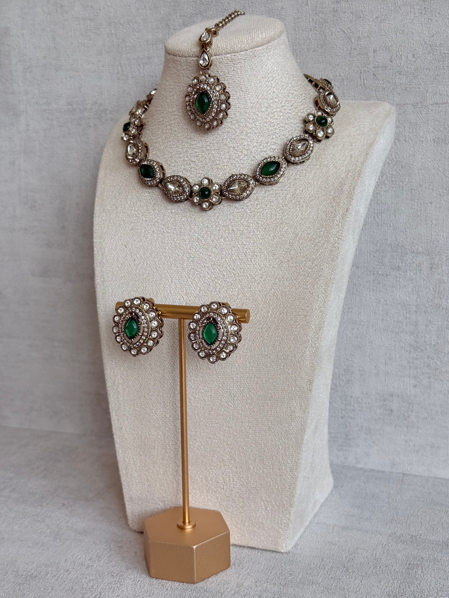 Ayura Designs Ivy Necklace Set with Studs & Tikka – Emerald Green Kundan Detailing