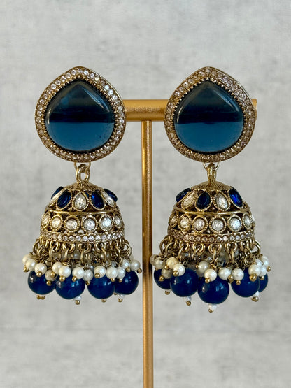 Ayura Designs Brielle Set – Necklace & Jhumkis with Mirror-Cut Stones in Midnight Blue & Ivory