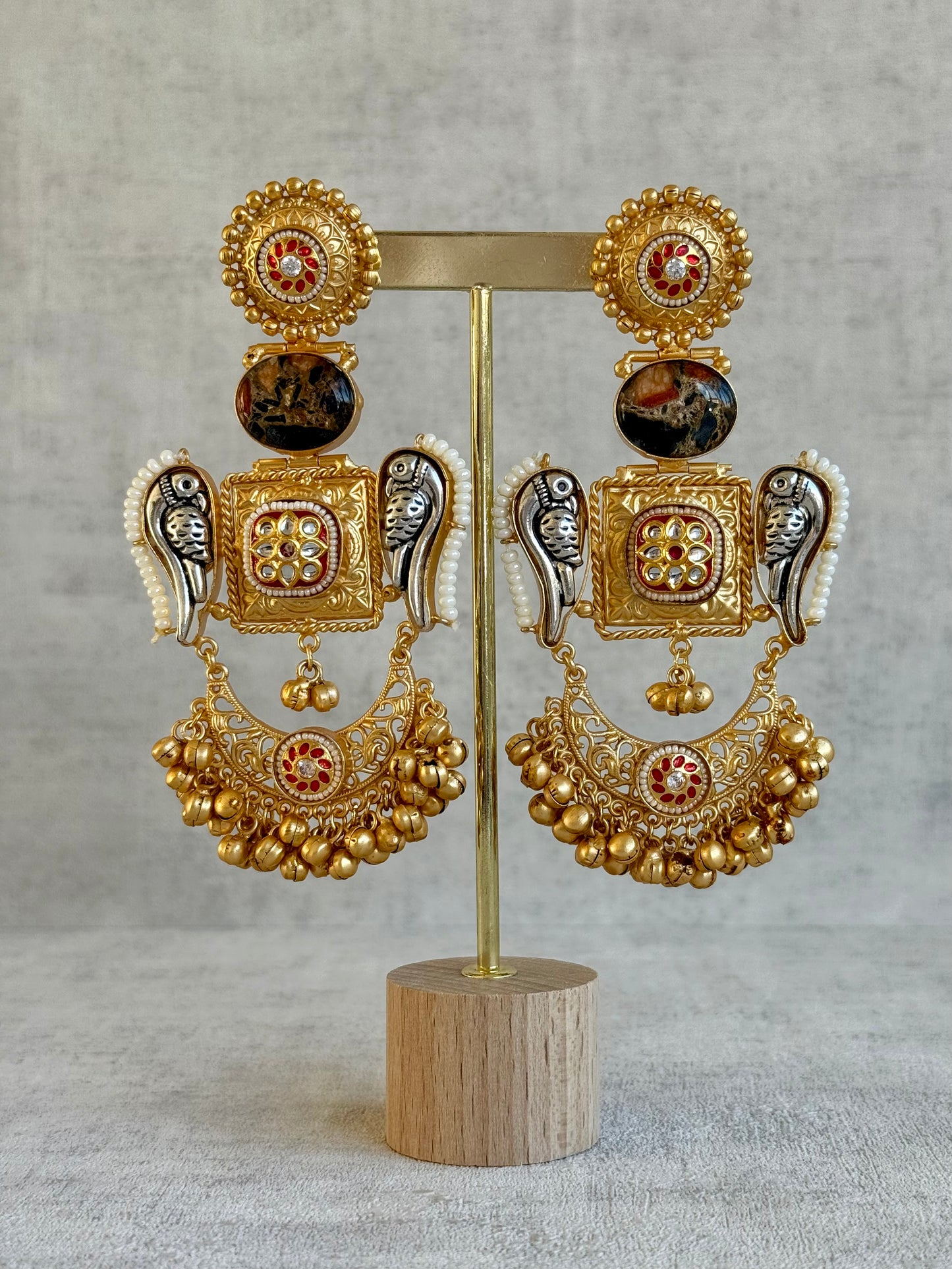 Ayura Designs Soha Earrings – Antique Gold with Smoky Amber Stone & Oxidised Parrots