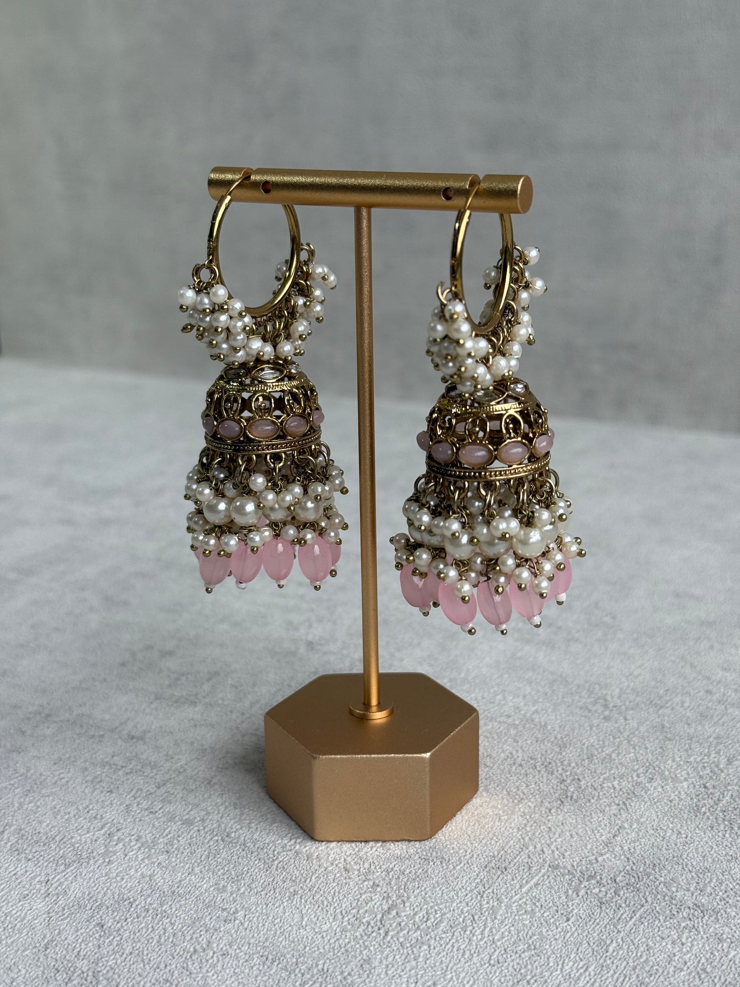 Ayura Designs Jugni Jhumkis – Antique Gold Balis with Blush Pink Beads & Pearl Clusters