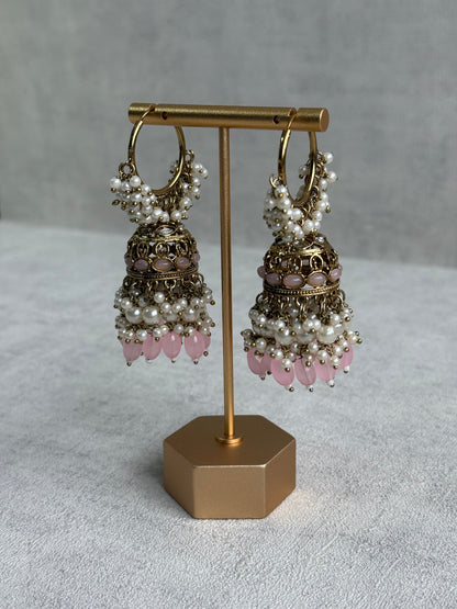 Ayura Designs Jugni Jhumkis – Antique Gold Balis with Blush Pink Beads & Pearl Clusters