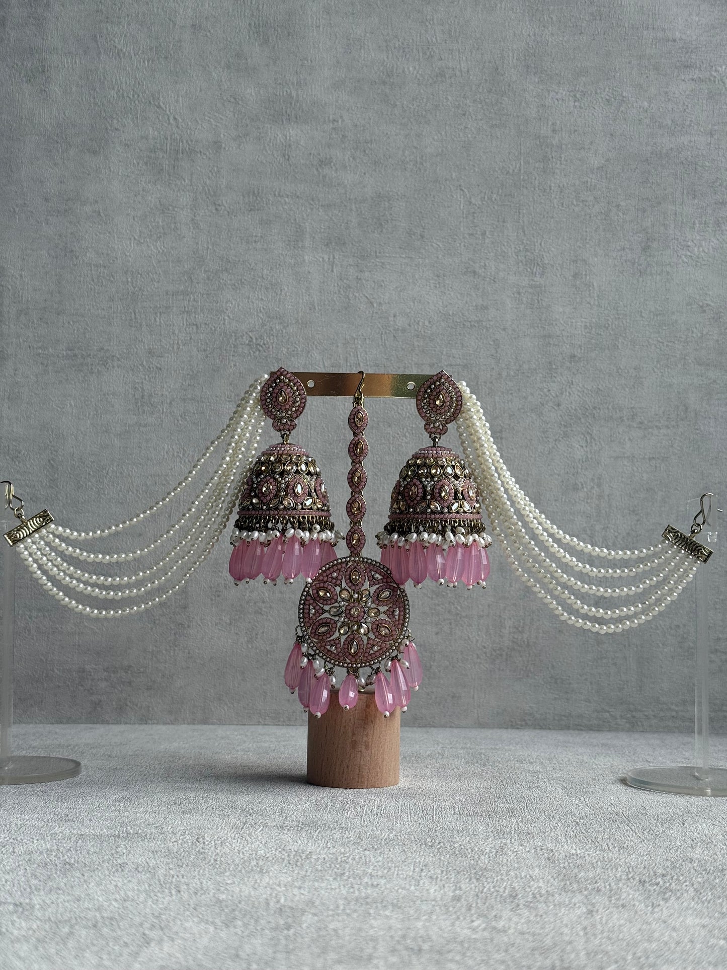 Ayura Designs Amrita Tikka Set – Jhumkis with Sahare & Tikka in Blush Pink, Pearls and Antique Gold Finish