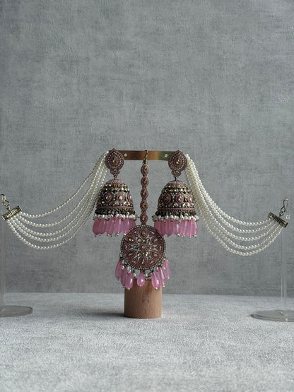 Ayura Designs Amrita Tikka Set – Jhumkis with Sahare & Tikka in Blush Pink, Pearls and Antique Gold Finish