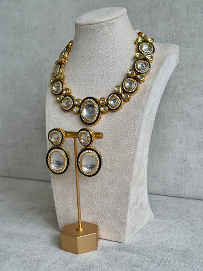 Ayura Designs Sahiba Set – Gold and Emerald Green Kundan Necklace with Oversized Oval Stones and Matching Drop Earrings