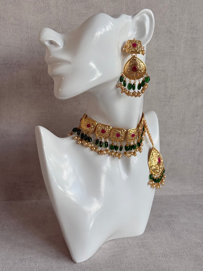 Ayura Designs Chetna Choker Set with Earrings & Tikka – Emerald Green Beads, Cream Pearl Drops with Pipal Patti Detailing