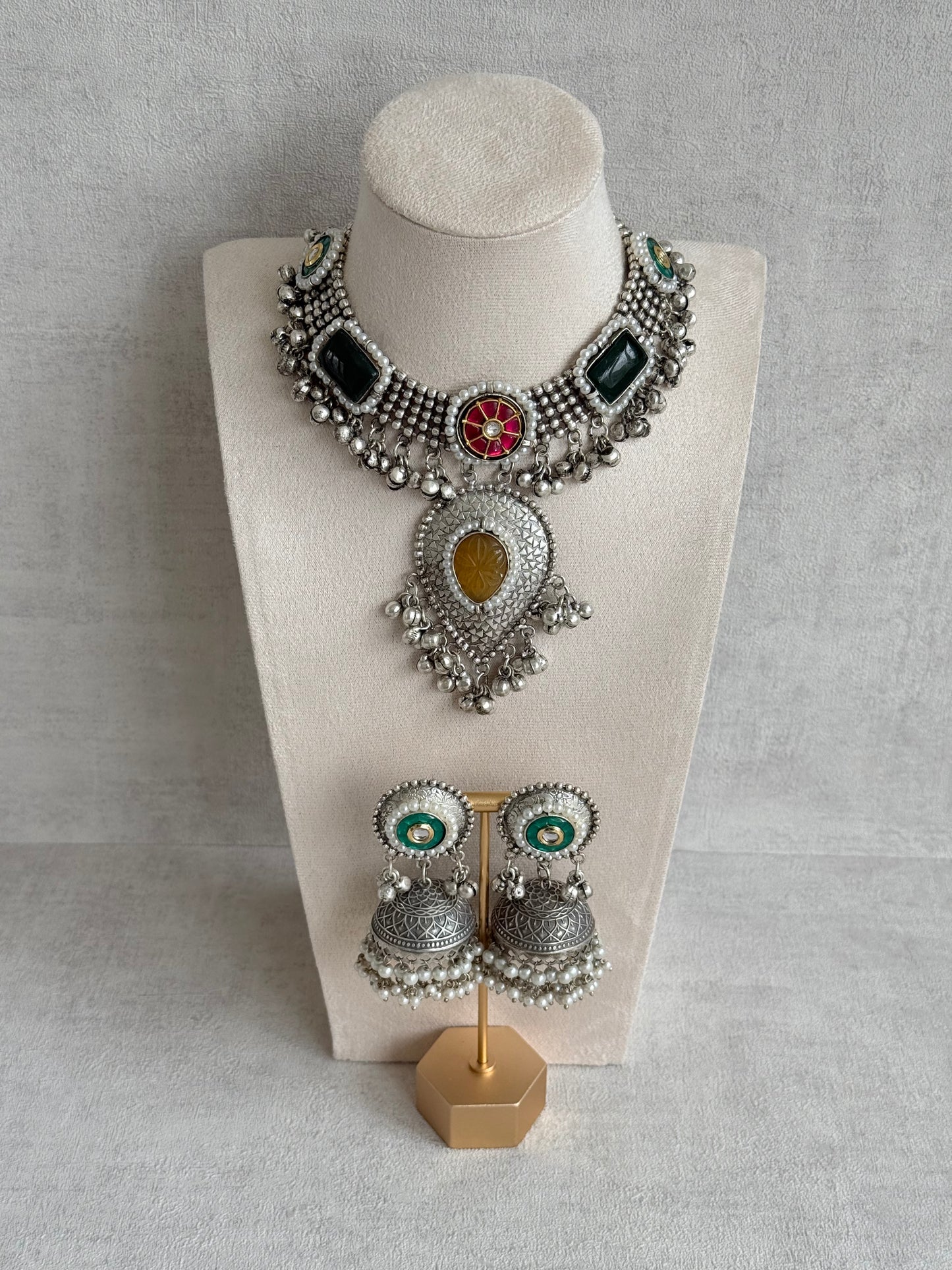 Ayura Designs Izel Necklace Set with Jhumkis – Oxidised Silver Statement Necklace with Multicolour Stones & Ghungroo Detailing