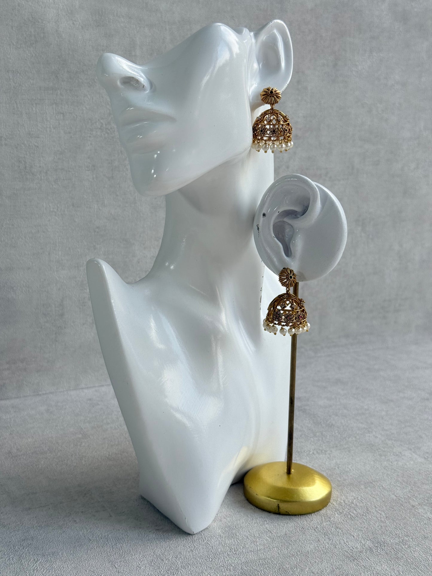 Ayura Designs Parul Jhumkis – Antique Gold with Multicolour Stones & Pearl Drops