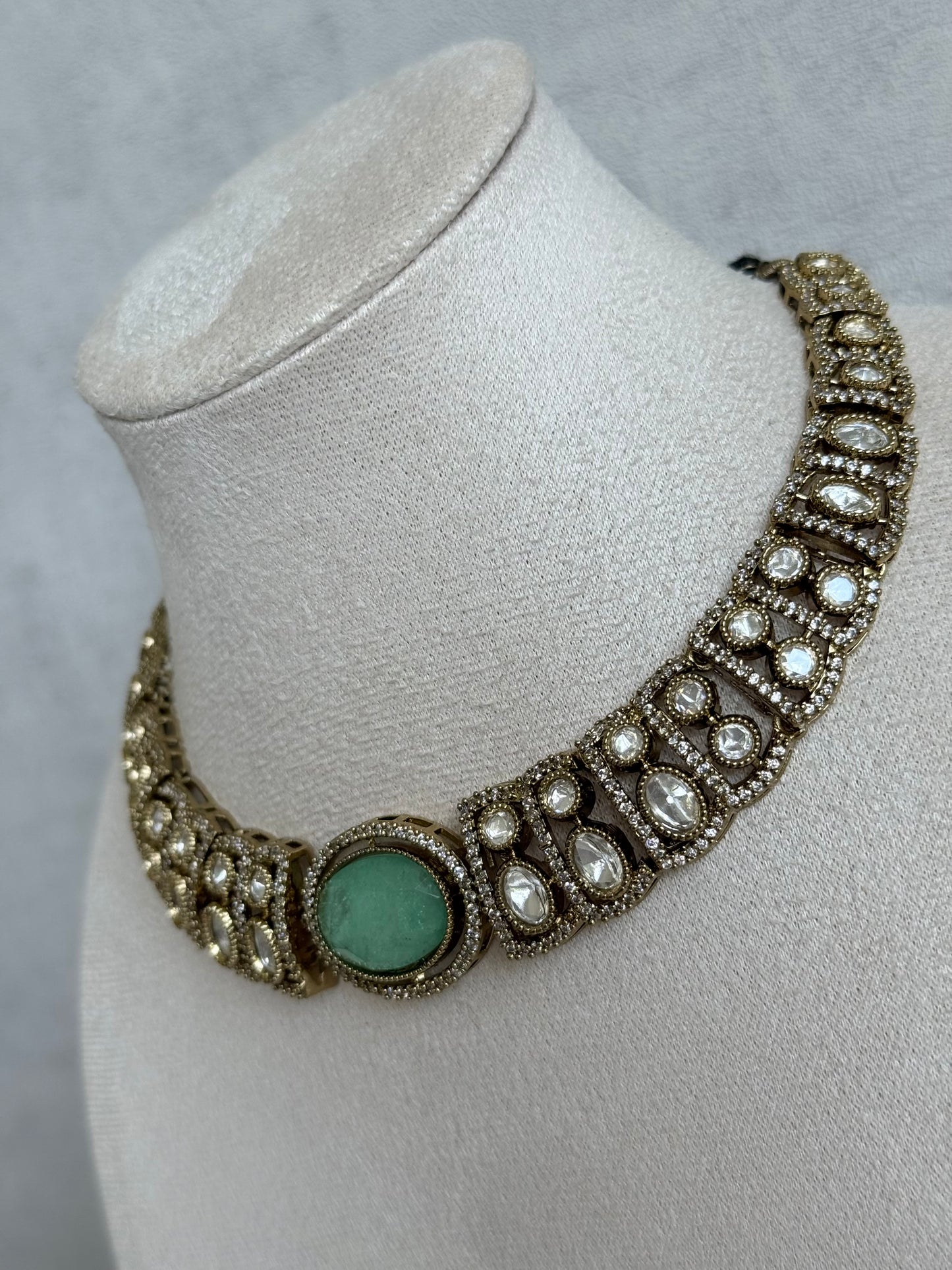 Ayura Designs Sadie Necklace Set with Earrings – Mint Green Centre Stone, Moissanite Style Stones & Crystal Halo Detailing