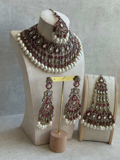 Ayura Designs Riwaayat Set with Necklace, Earrings, Tikka & Passa – Fuchsia Stones, Mirror-Cut Detailing & Ivory Pearl Drops