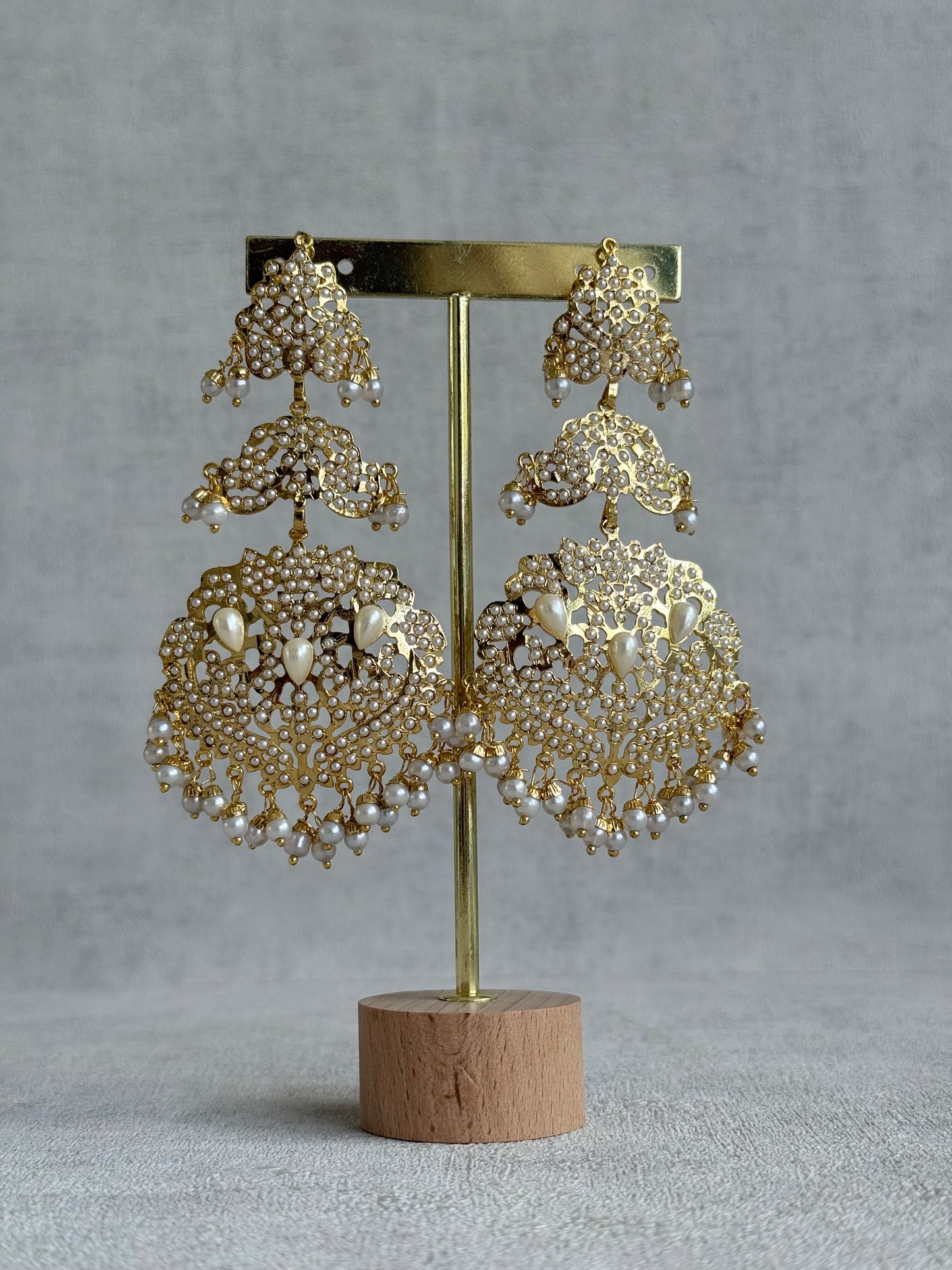 Ayura Designs Zarrar Earrings – Gold Jadau Filigree Statement Earrings with Pearl Drops