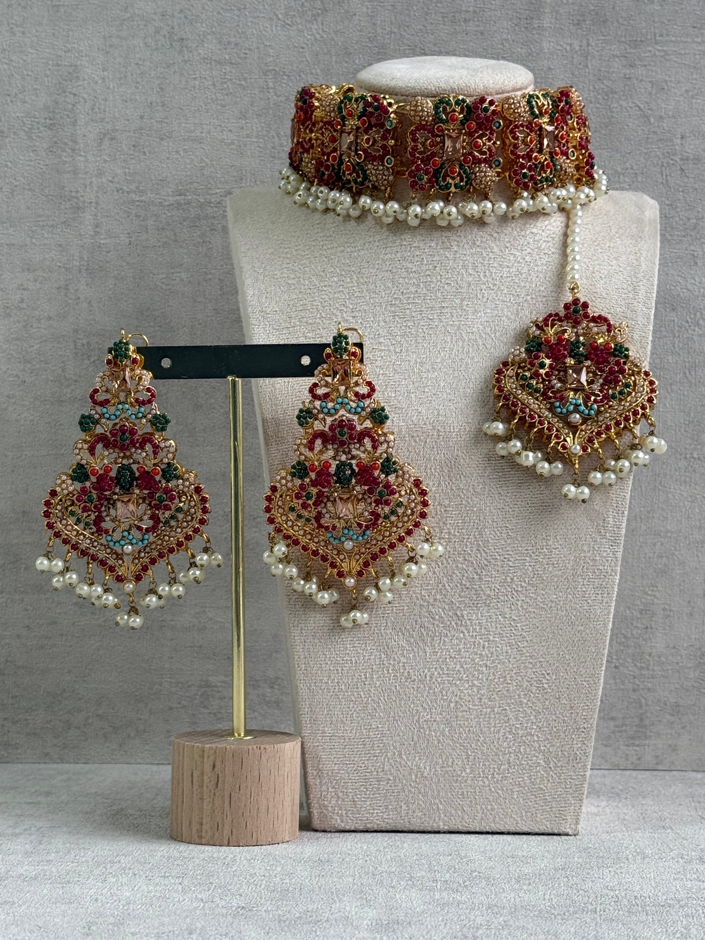 Ayura Designs Mahnoor Navratan Choker Set with Earrings & Tikka – Antique Gold Finish, Multicolour Enamel & Pearl Detailing
