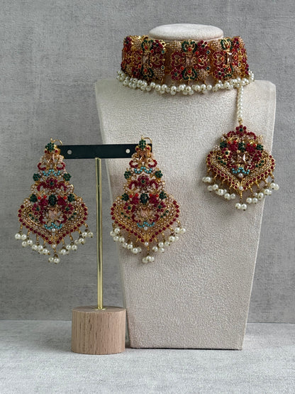 Ayura Designs Mahnoor Navratan Choker Set with Earrings & Tikka – Antique Gold Finish, Multicolour Enamel & Pearl Detailing