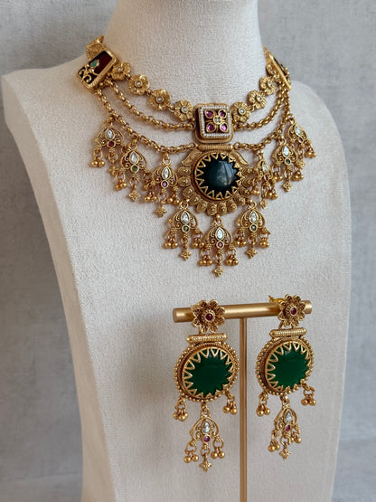 Ayura Designs Bolavi Necklace Set with Earrings – Green Stones, Kundan & Ghungroo Detailing