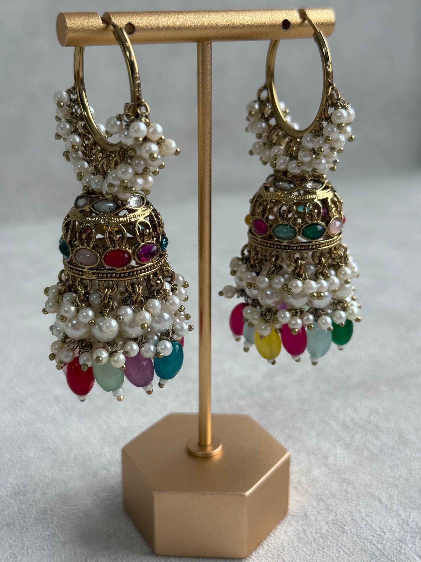 Ayura Designs Jugni Jhumkis – Antique Gold Balis with Multicolour Beads & Pearl Clusters