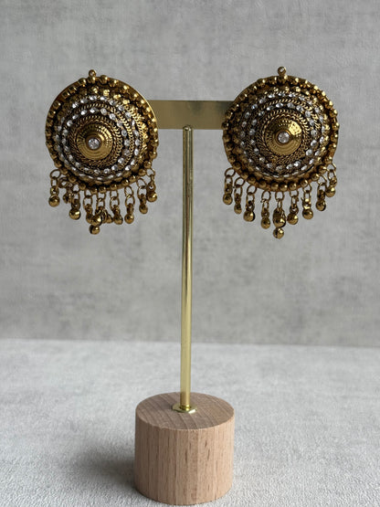 Ayura Designs Mitwa Earrings – Antique Gold Studs with Crystal Stones & Ghungroo Fringe