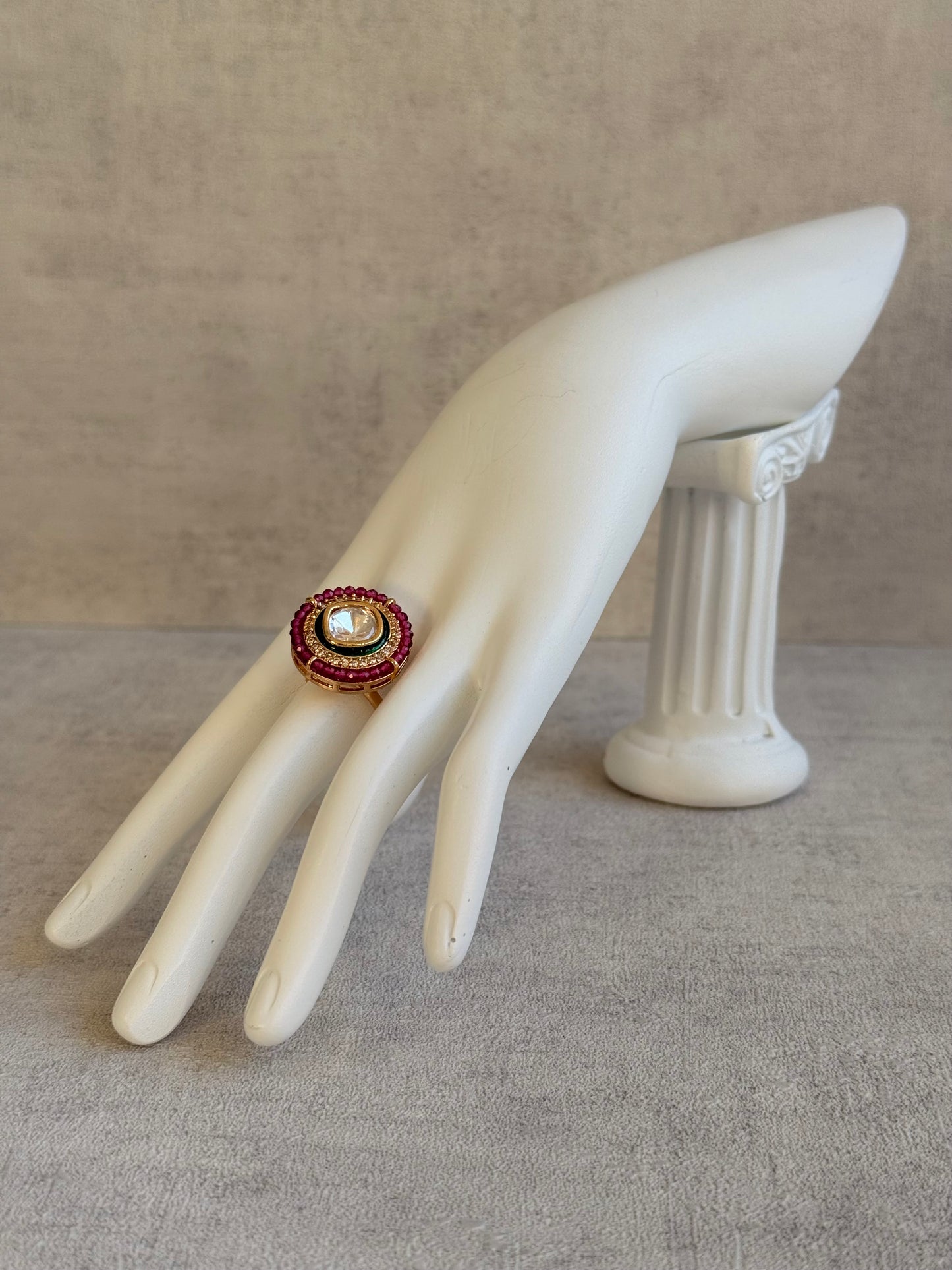 Ayura Designs Roselle Adjustable Ring – Moissanite Centre with Crystal Border & Rani Pink Beads